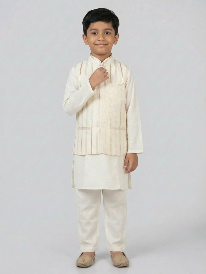 Boys Off-White Kurta pyjama set with Nehru Jacket | SHOBITAM