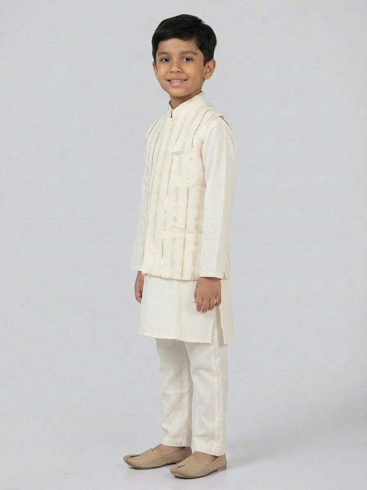 Boys Off-White Kurta pyjama set with Nehru Jacket | SHOBITAM