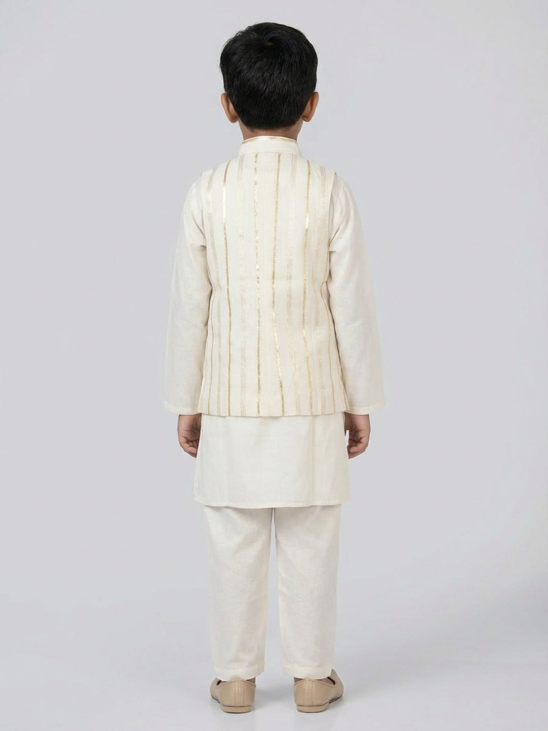 Boys Off-White Kurta pyjama set with Nehru Jacket | SHOBITAM