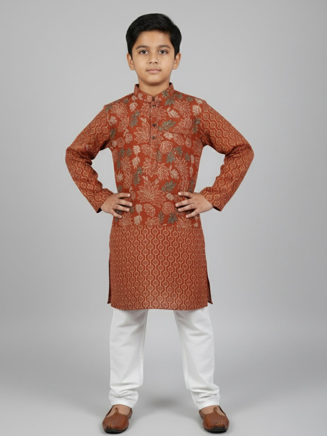 Boys Printed Kurta with Jacket and White Churidar Set