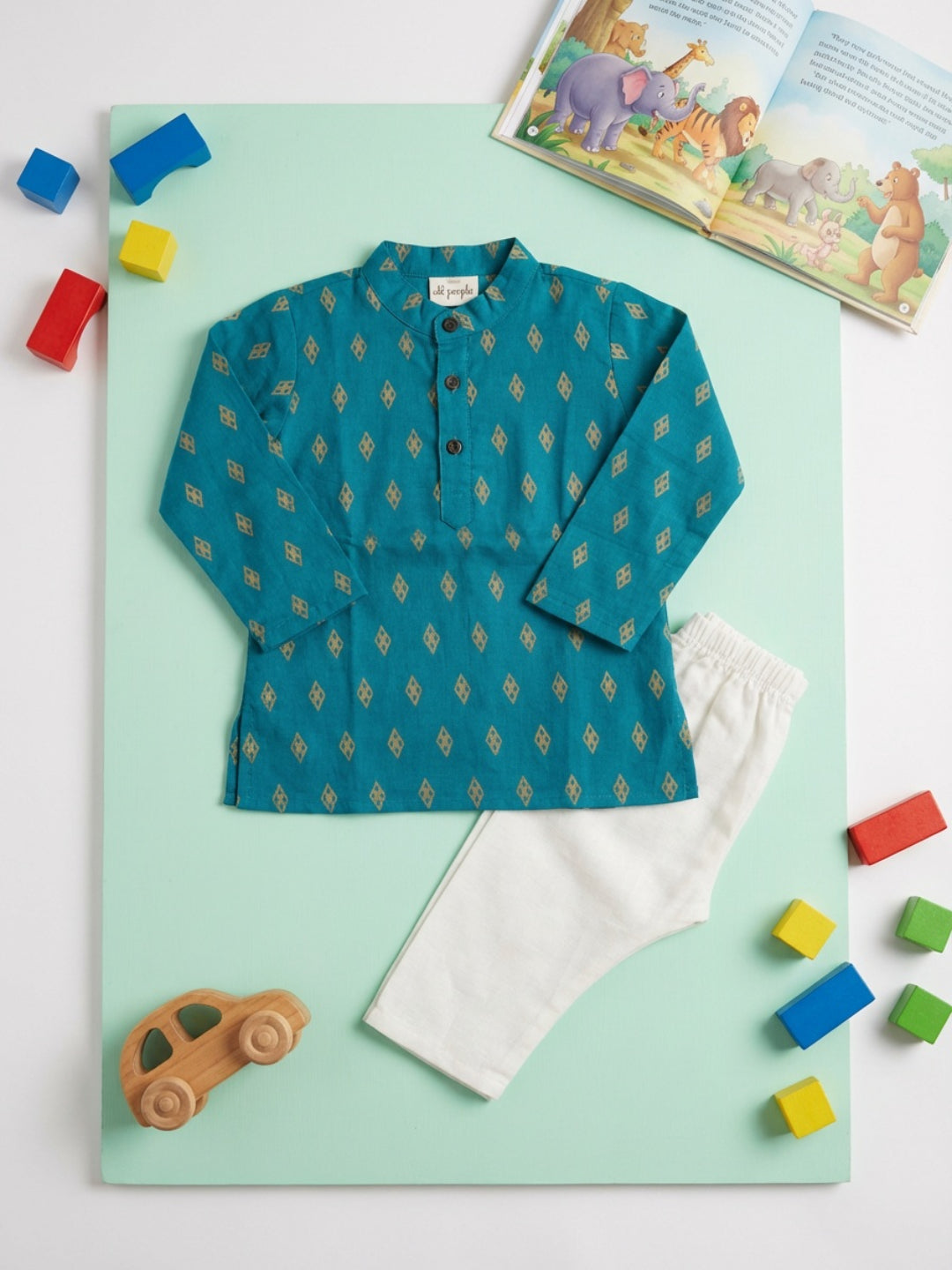 Boys Teal Geometric Print Mandarin Collar Full Sleeves Straight Kurta Pyjamas Set