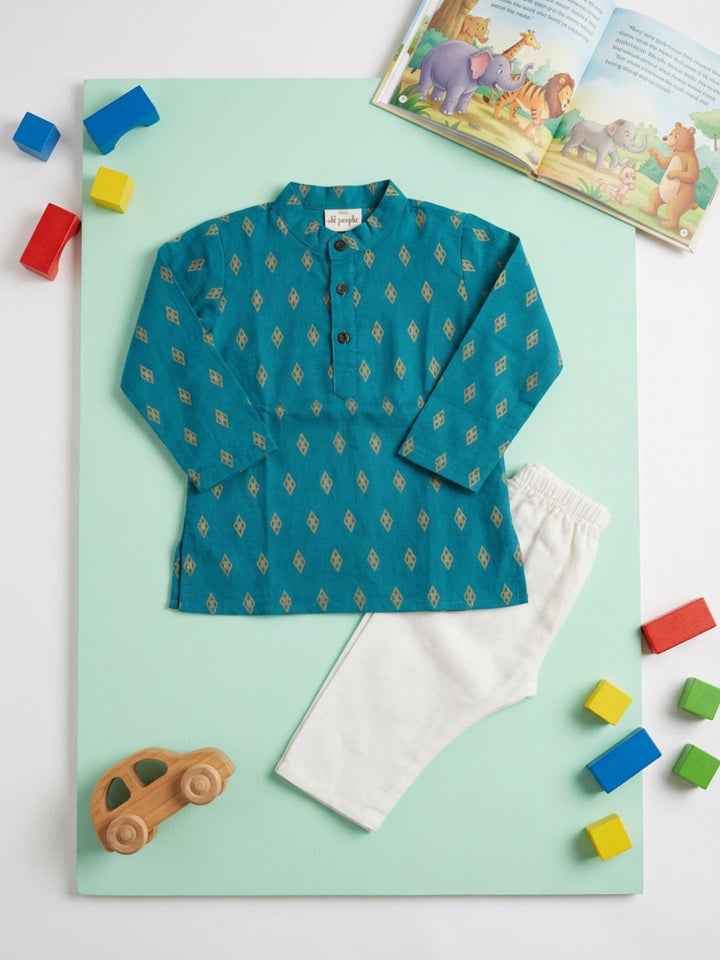 Boys Teal Geometric Print Mandarin Collar Full Sleeves Straight Kurta Pyjamas Set
