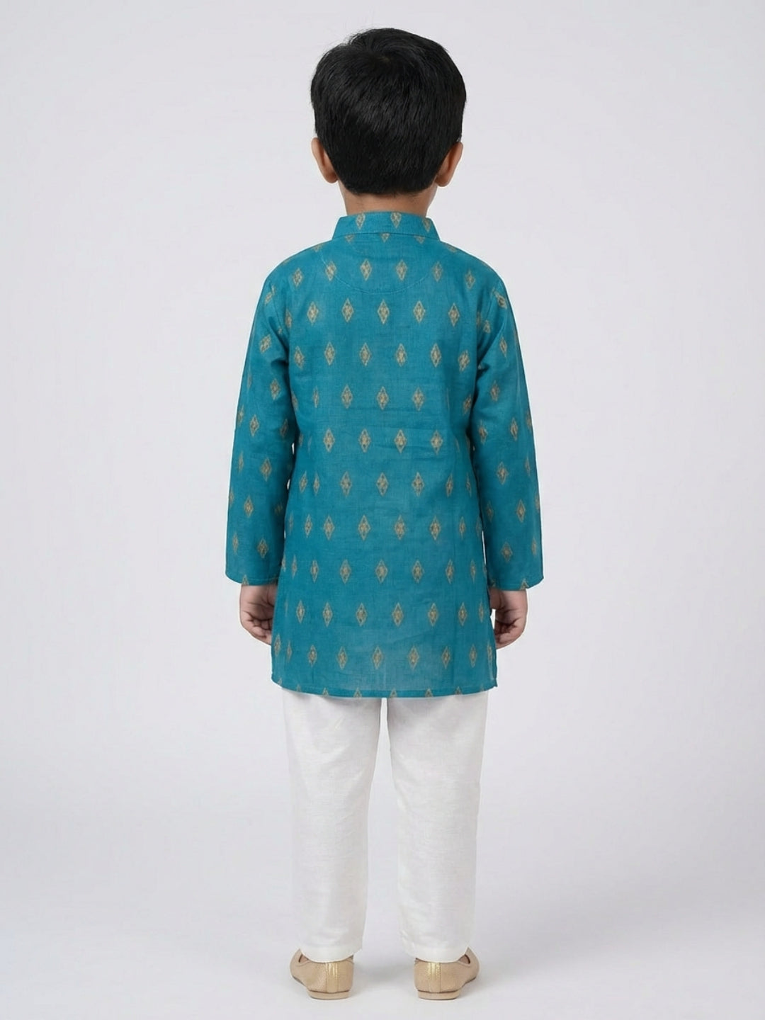 Boys Teal Geometric Print Mandarin Collar Full Sleeves Straight Kurta Pyjamas Set