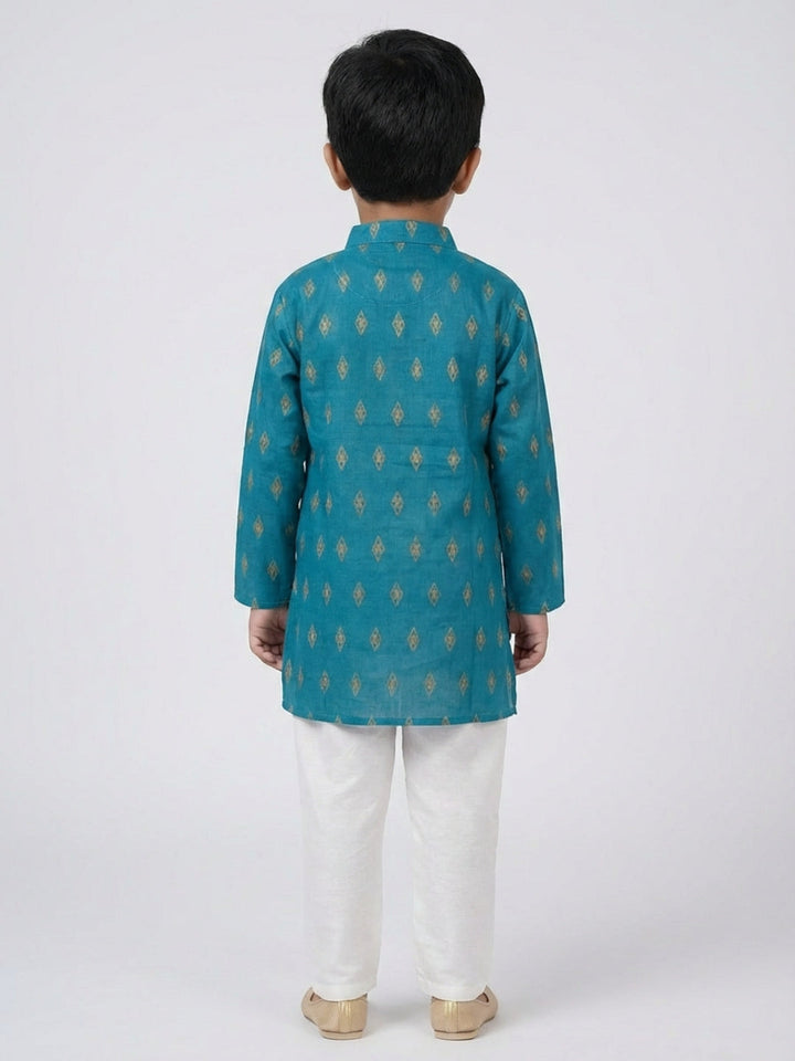 Boys Teal Geometric Print Mandarin Collar Full Sleeves Straight Kurta Pyjamas Set