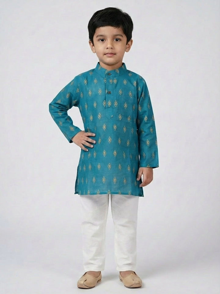 Boys Teal Geometric Print Mandarin Collar Full Sleeves Straight Kurta Pyjamas Set