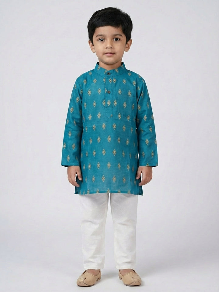Boys Teal Geometric Print Mandarin Collar Full Sleeves Straight Kurta Pyjamas Set