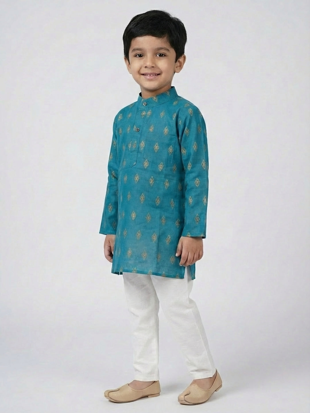 Boys Teal Geometric Print Mandarin Collar Full Sleeves Straight Kurta Pyjamas Set