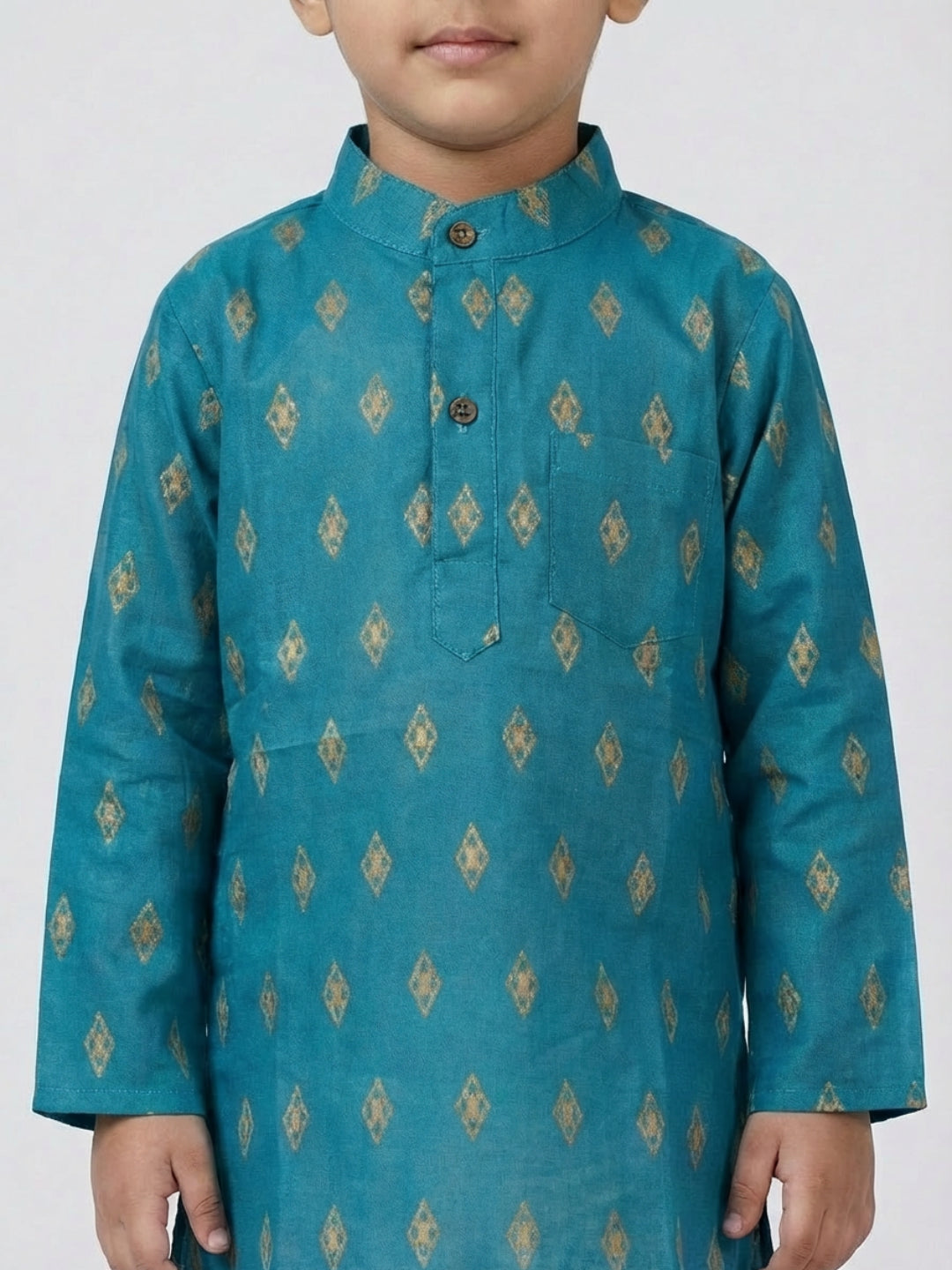 Boys Teal Geometric Print Mandarin Collar Full Sleeves Straight Kurta Pyjamas Set