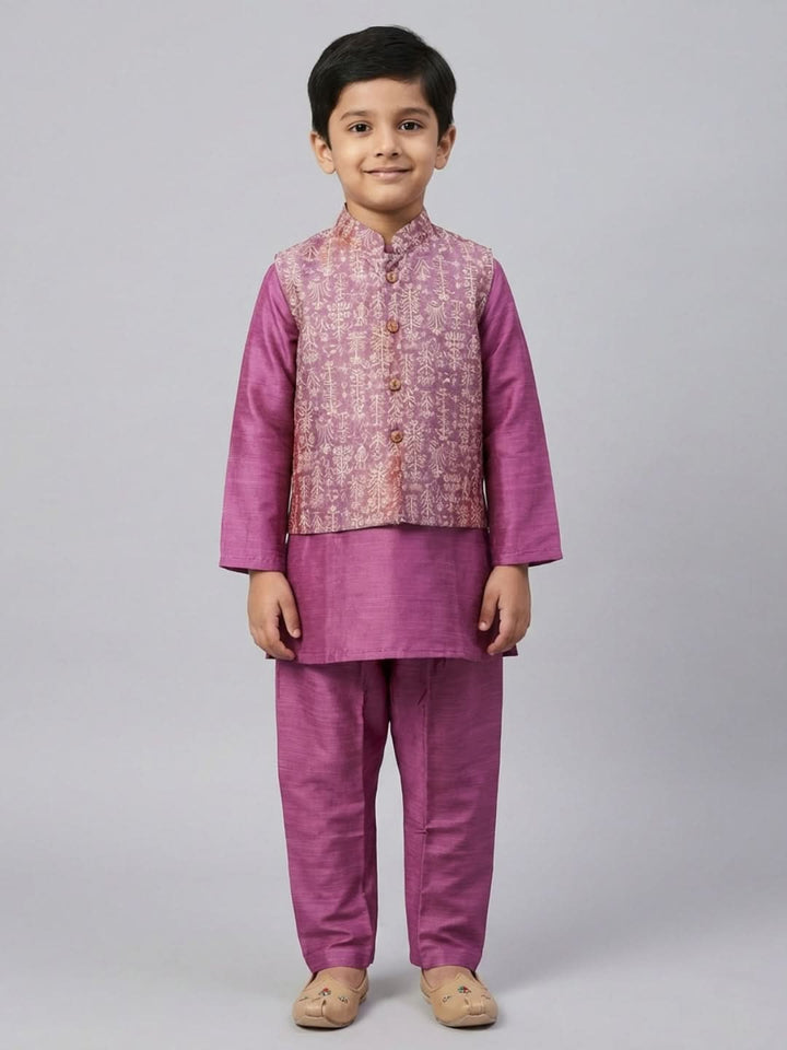 Boys Solid Purple Straight Kurta & Pyjama Set with Nehru Jacket