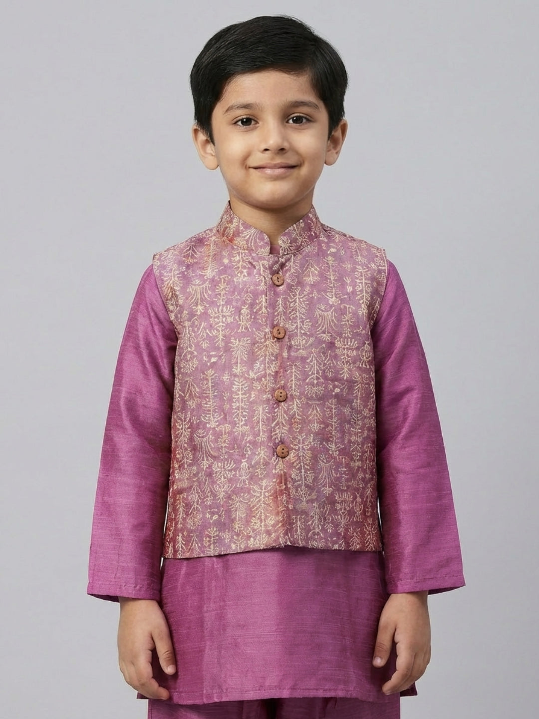 Boys Solid Purple Straight Kurta & Pyjama Set with Nehru Jacket