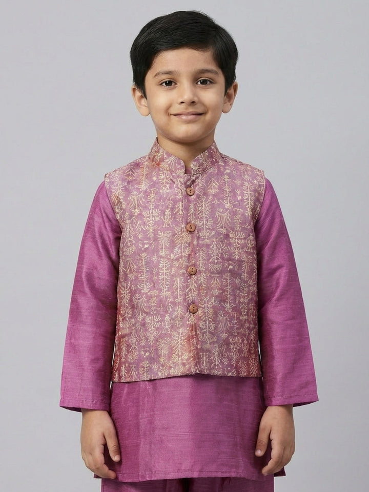 Boys Solid Purple Straight Kurta & Pyjama Set with Nehru Jacket