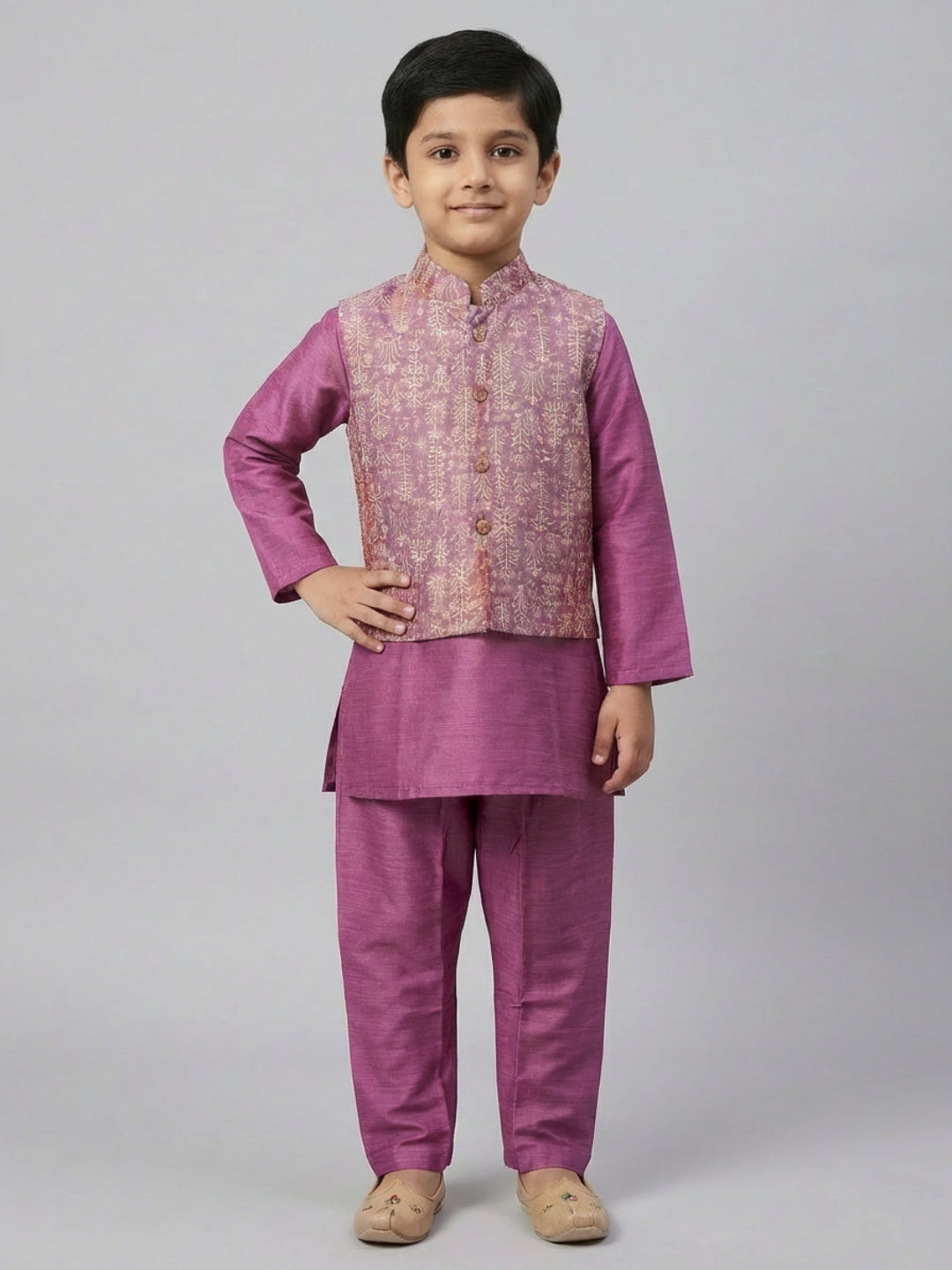 Boys Solid Purple Straight Kurta & Pyjama Set with Nehru Jacket