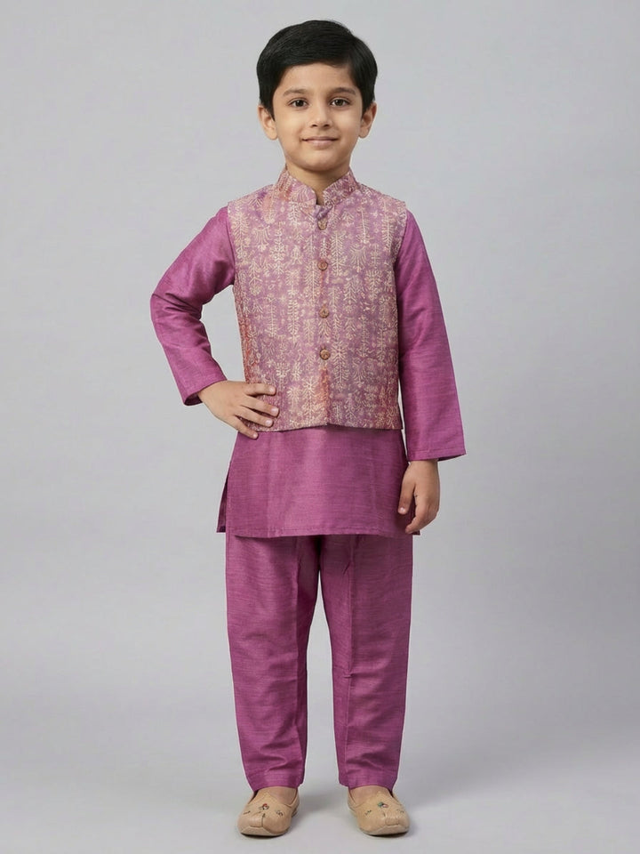 Boys Solid Purple Straight Kurta & Pyjama Set with Nehru Jacket