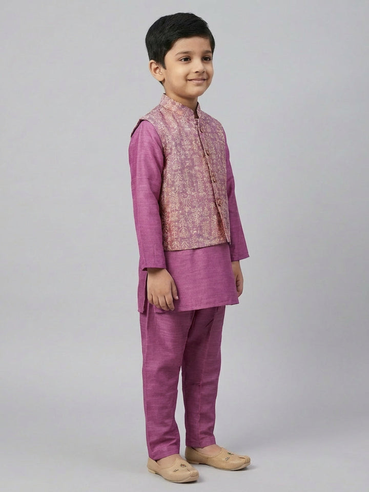Boys Solid Purple Straight Kurta & Pyjama Set with Nehru Jacket