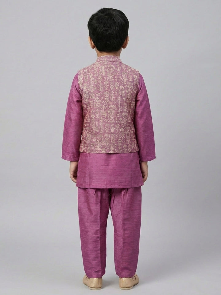 Boys Solid Purple Straight Kurta & Pyjama Set with Nehru Jacket