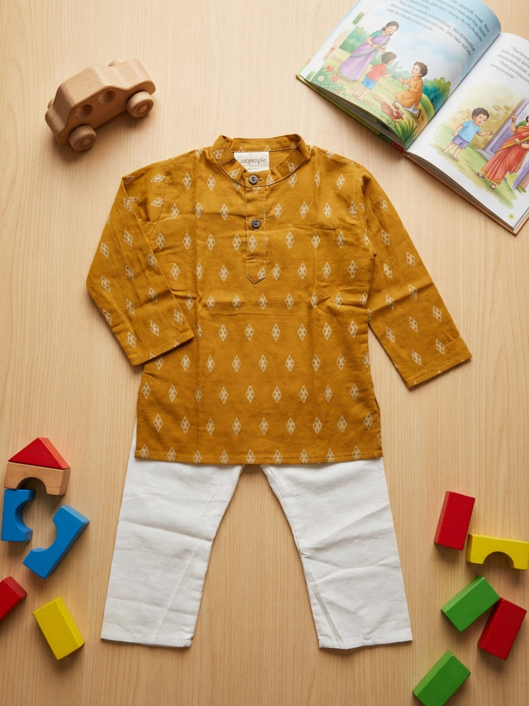 Boys Mustard Yellow Geometric Print Mandarin Collar Full Sleeves Straight Kurta Pyjamas Set