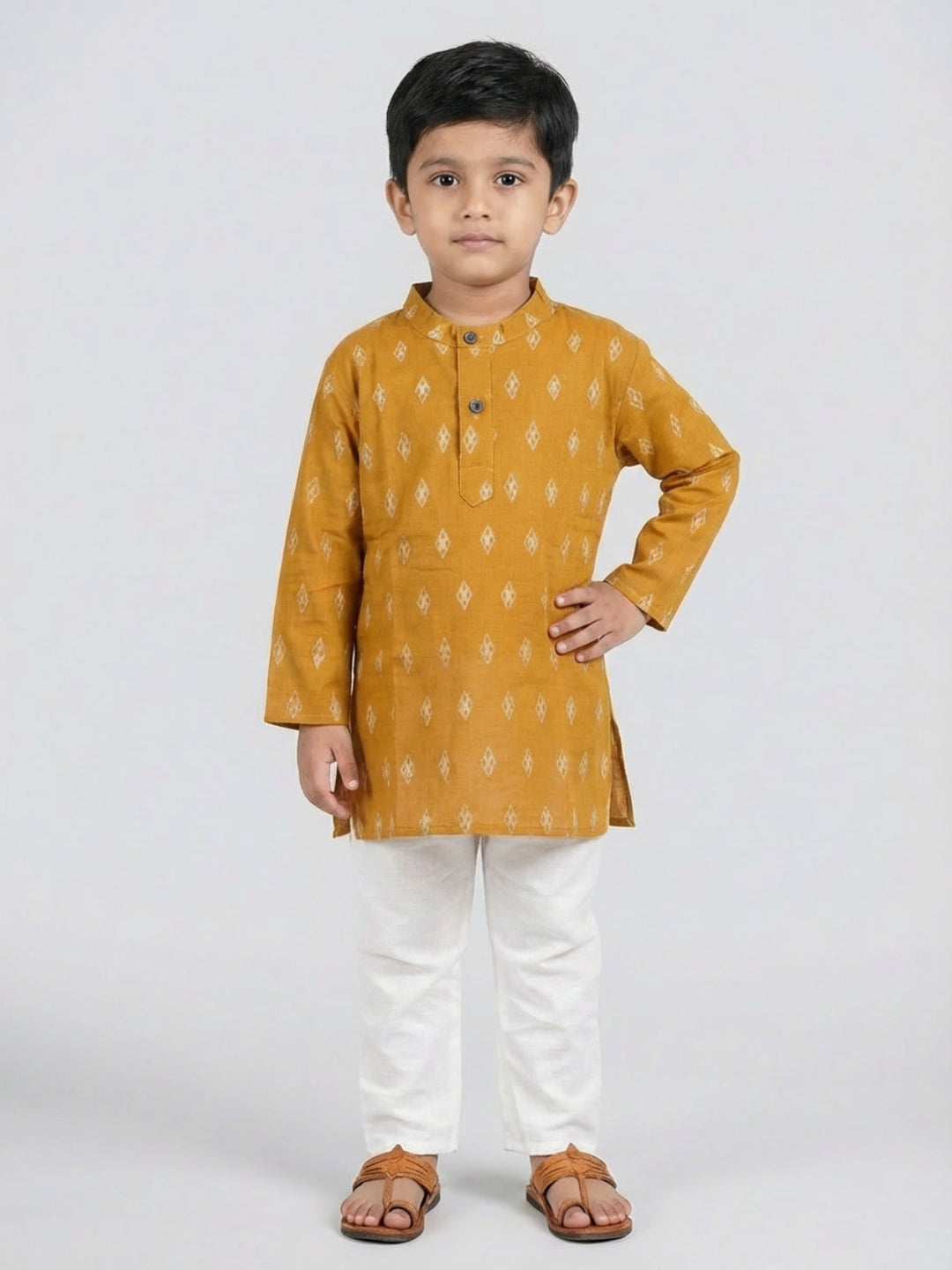 Boys Mustard Yellow Geometric Print Mandarin Collar Full Sleeves Straight Kurta Pyjamas Set