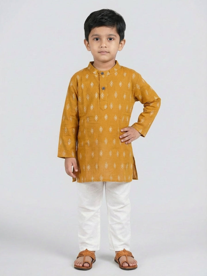 Boys Mustard Yellow Geometric Print Mandarin Collar Full Sleeves Straight Kurta Pyjamas Set