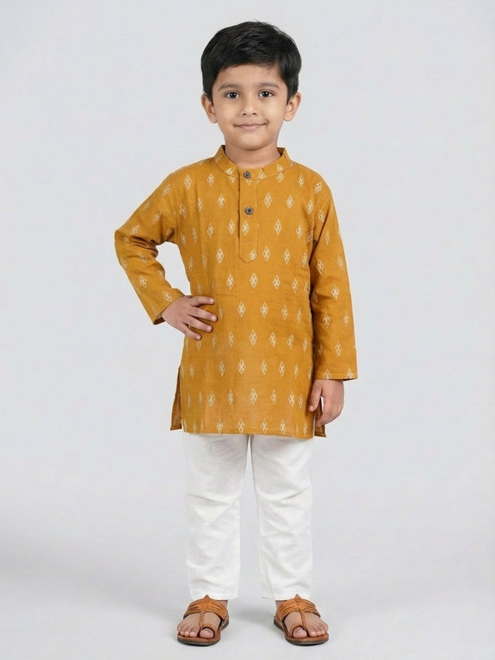 Boys Mustard Yellow Geometric Print Mandarin Collar Full Sleeves Straight Kurta Pyjamas Set