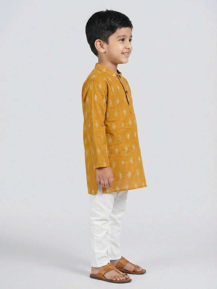 Boys Mustard Yellow Geometric Print Mandarin Collar Full Sleeves Straight Kurta Pyjamas Set