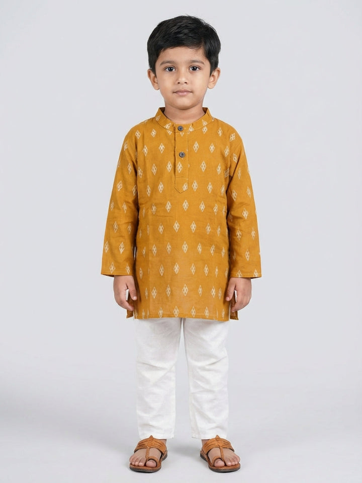 Boys Mustard Yellow Geometric Print Mandarin Collar Full Sleeves Straight Kurta Pyjamas Set