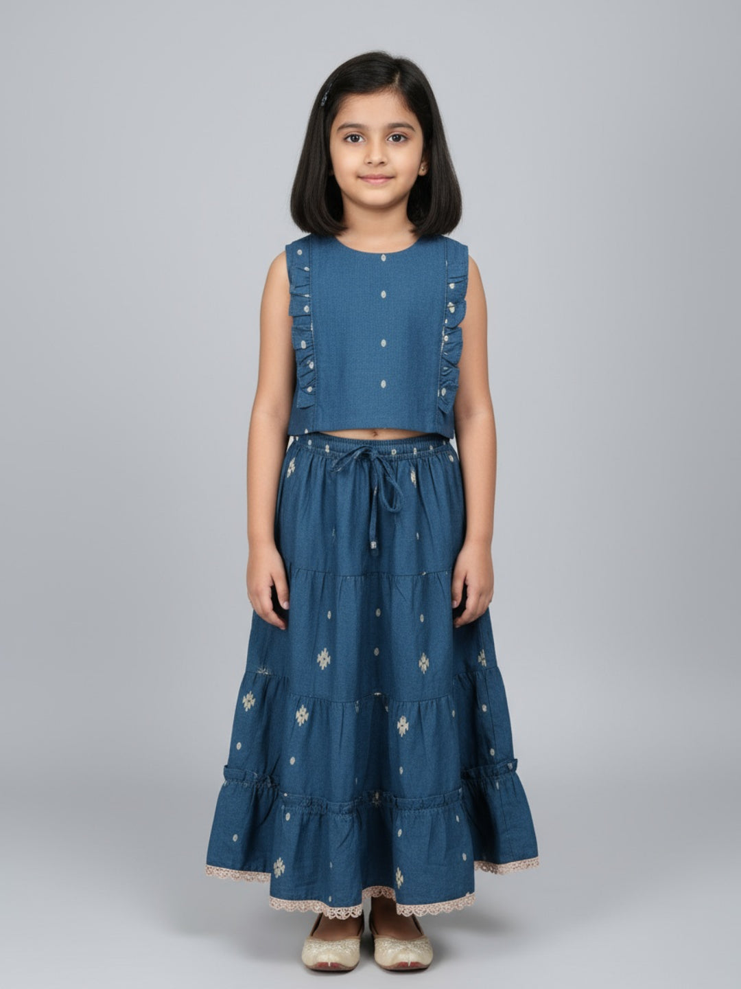 Girls Printed Round Neck Sleeveless Lehenga Choli Set | SHOBITAM