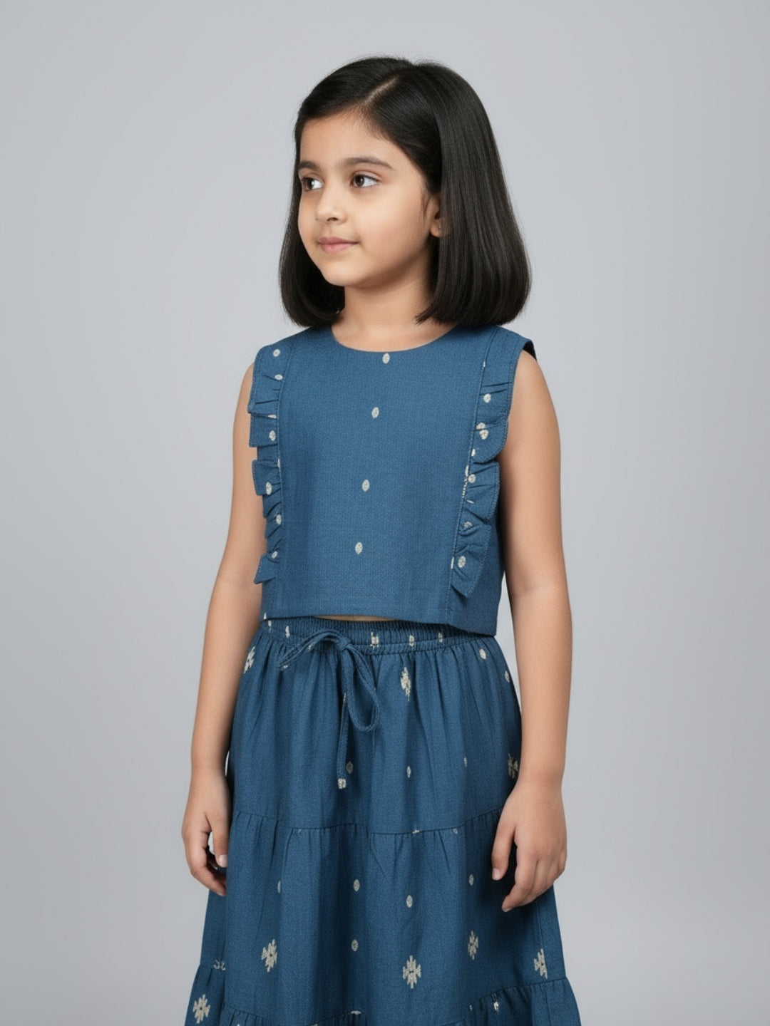 Girls Printed Round Neck Sleeveless Lehenga Choli Set | SHOBITAM