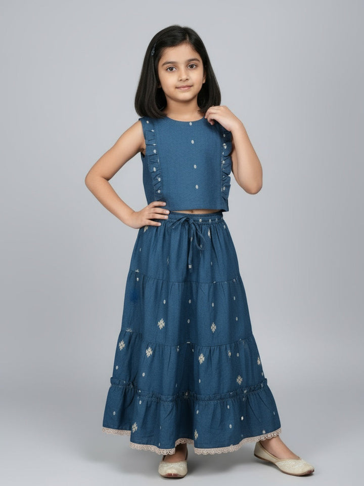 Girls Printed Round Neck Sleeveless Lehenga Choli Set | SHOBITAM