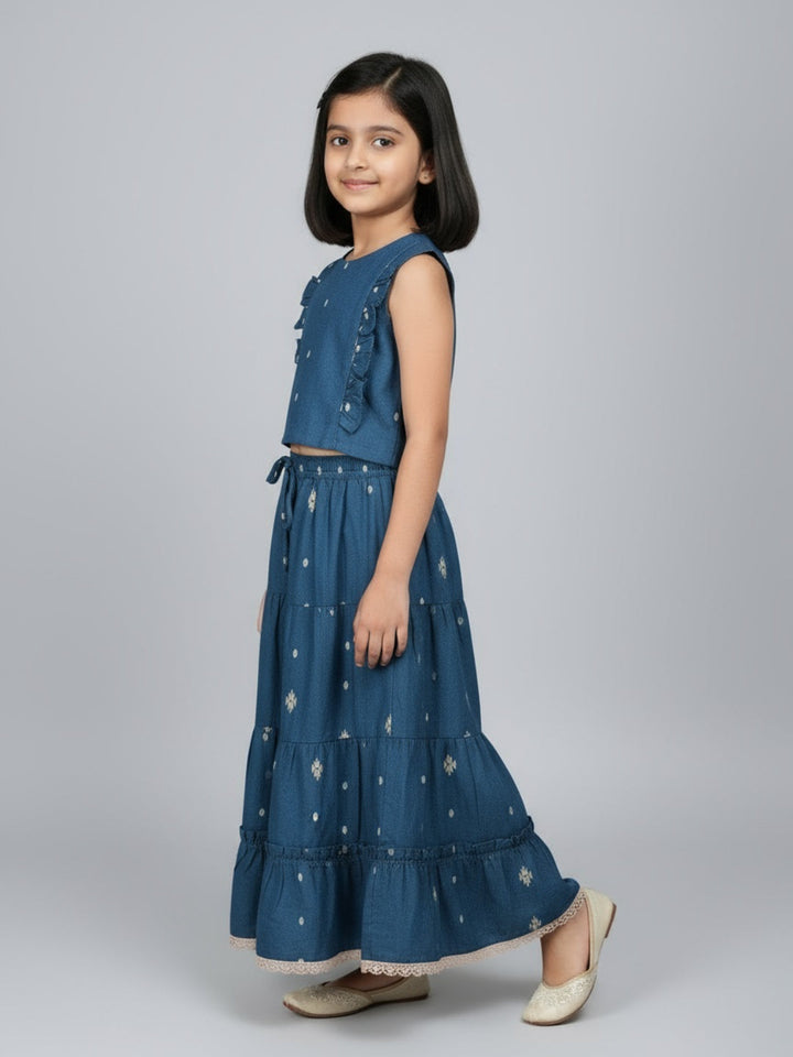 Girls Printed Round Neck Sleeveless Lehenga Choli Set | SHOBITAM