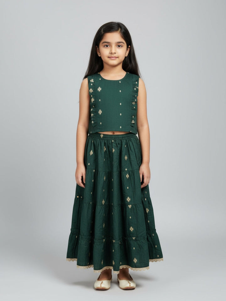 Girls Printed Round Neck Sleeveless Lehenga Choli Set | SHOBITAM