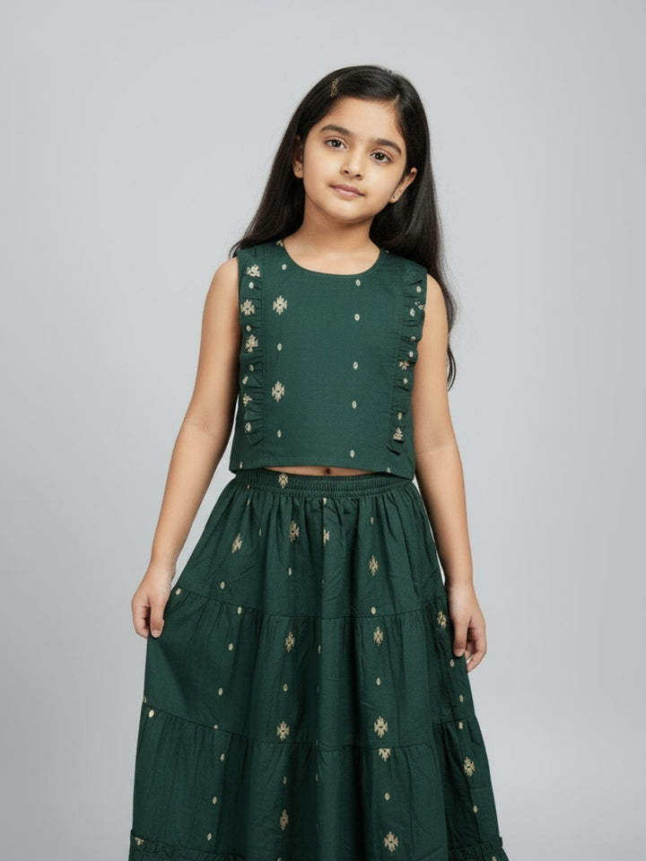 Girls Printed Round Neck Sleeveless Lehenga Choli Set | SHOBITAM