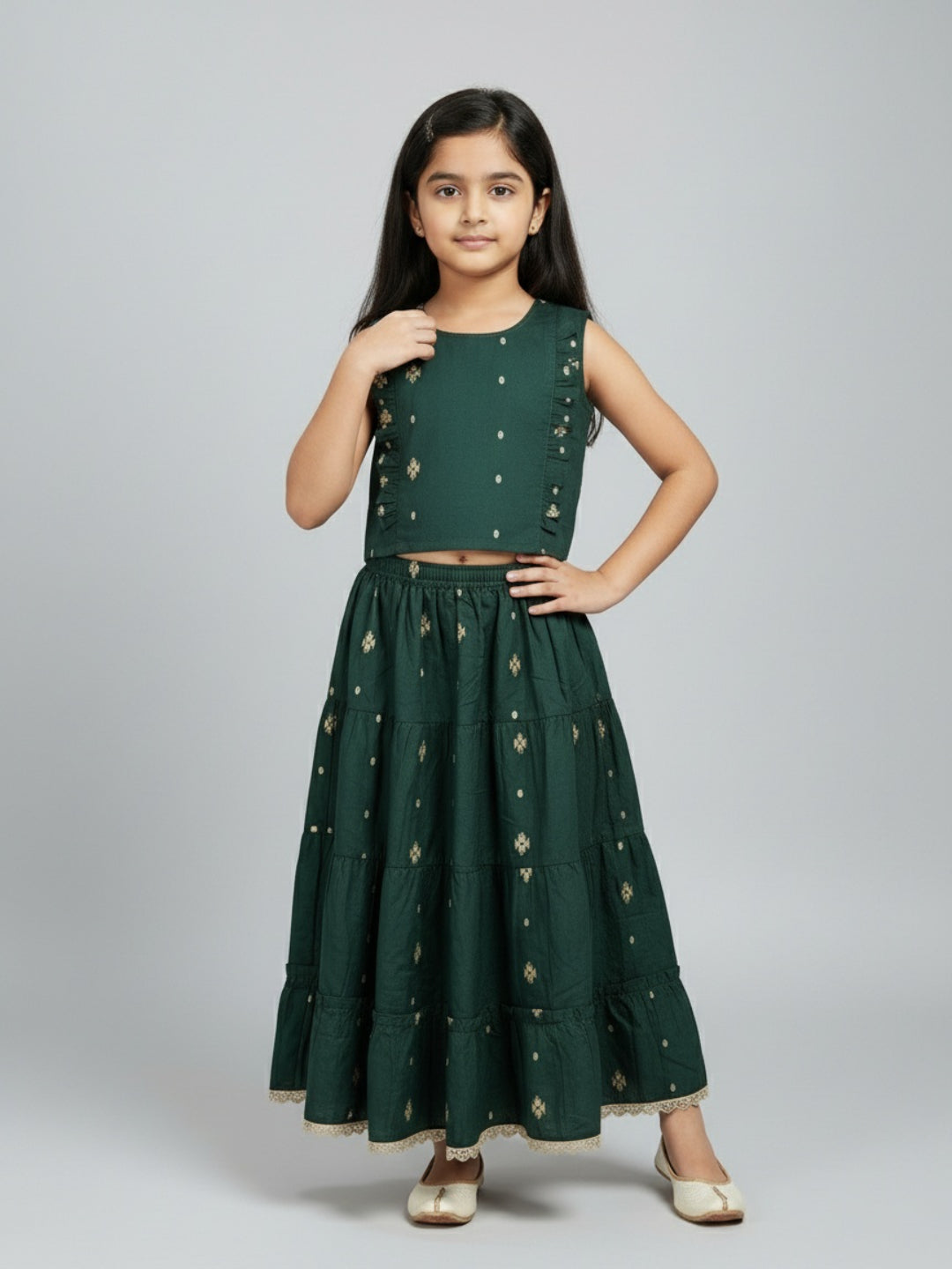 Girls Printed Round Neck Sleeveless Lehenga Choli Set | SHOBITAM