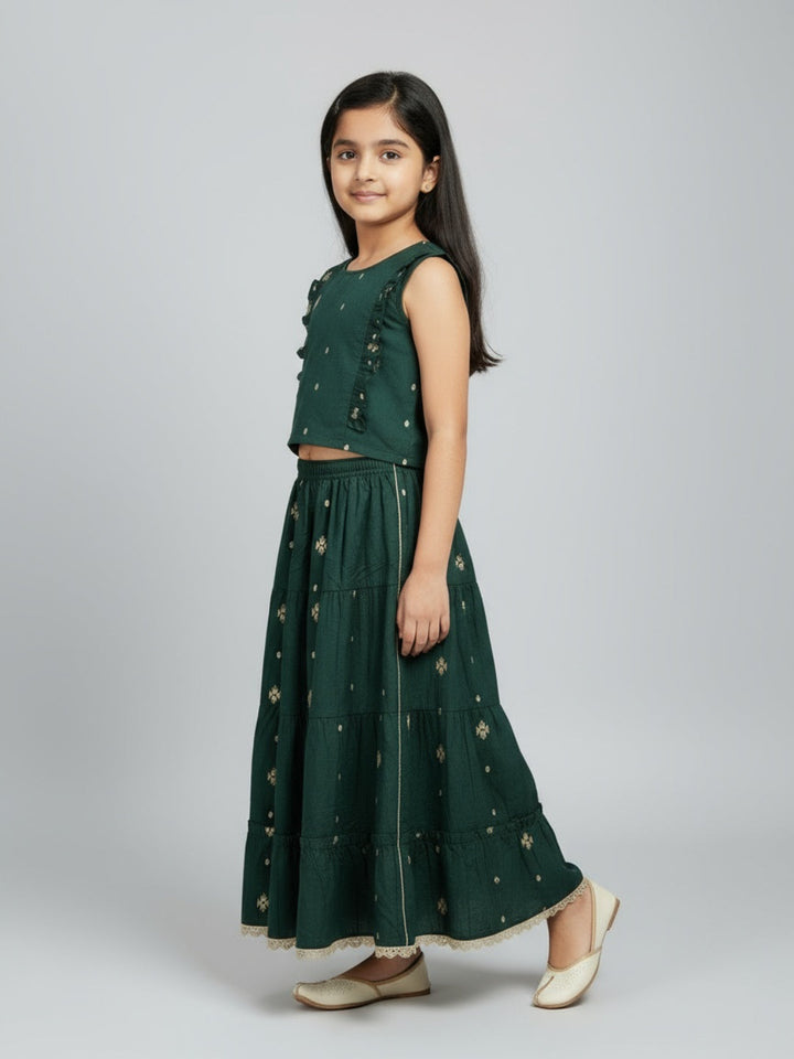 Girls Printed Round Neck Sleeveless Lehenga Choli Set | SHOBITAM