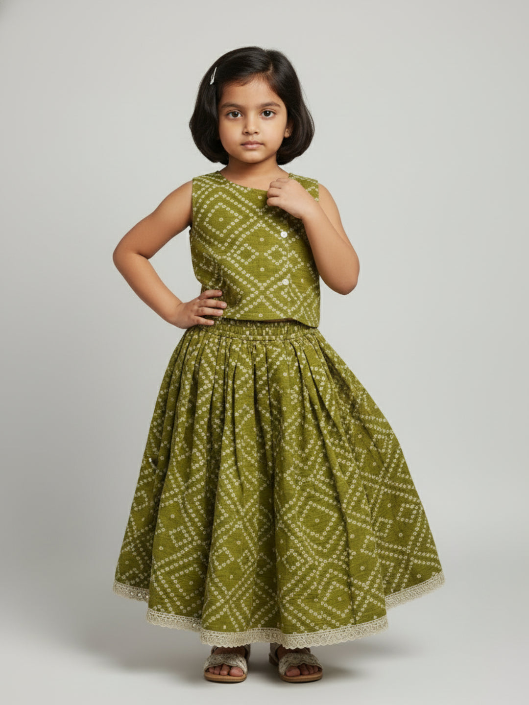 Infant Girls Printed Round Neck Sleeveless Lehenga Choli Set | SHOBITAM