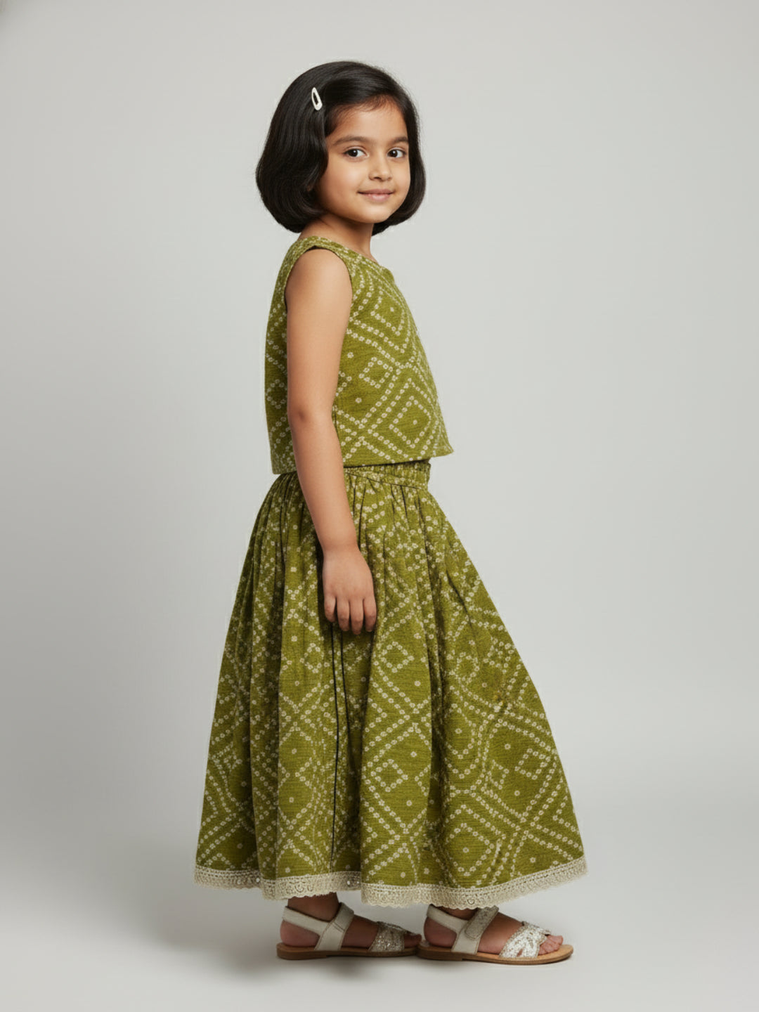 Infant Girls Printed Round Neck Sleeveless Lehenga Choli Set | SHOBITAM