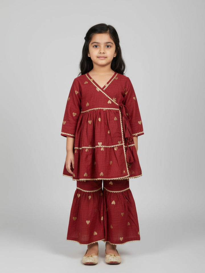 Girls Heart Printed Angrakha Kurta and Sharara Set | SHOBITAM