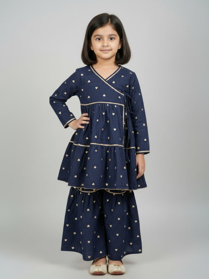 Girls Heart Printed Angrakha Kurta and Sharara Set