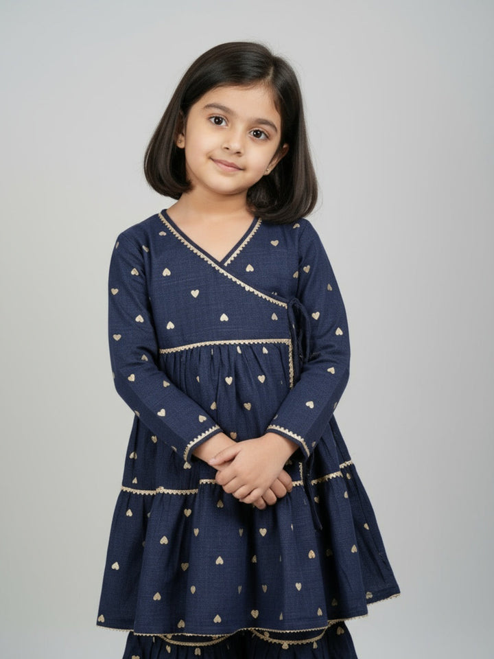 Girls Heart Printed Angrakha Kurta and Sharara Set