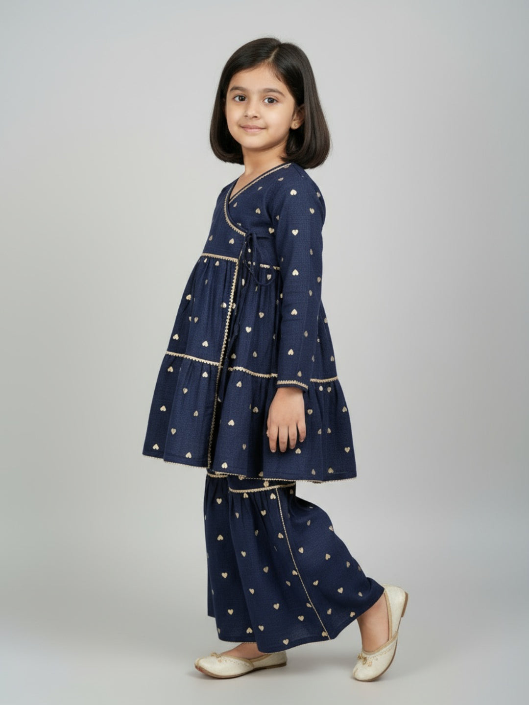 Girls Heart Printed Angrakha Kurta and Sharara Set