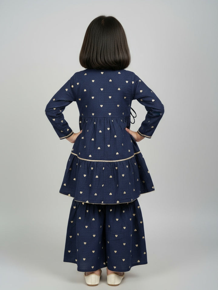 Girls Heart Printed Angrakha Kurta and Sharara Set
