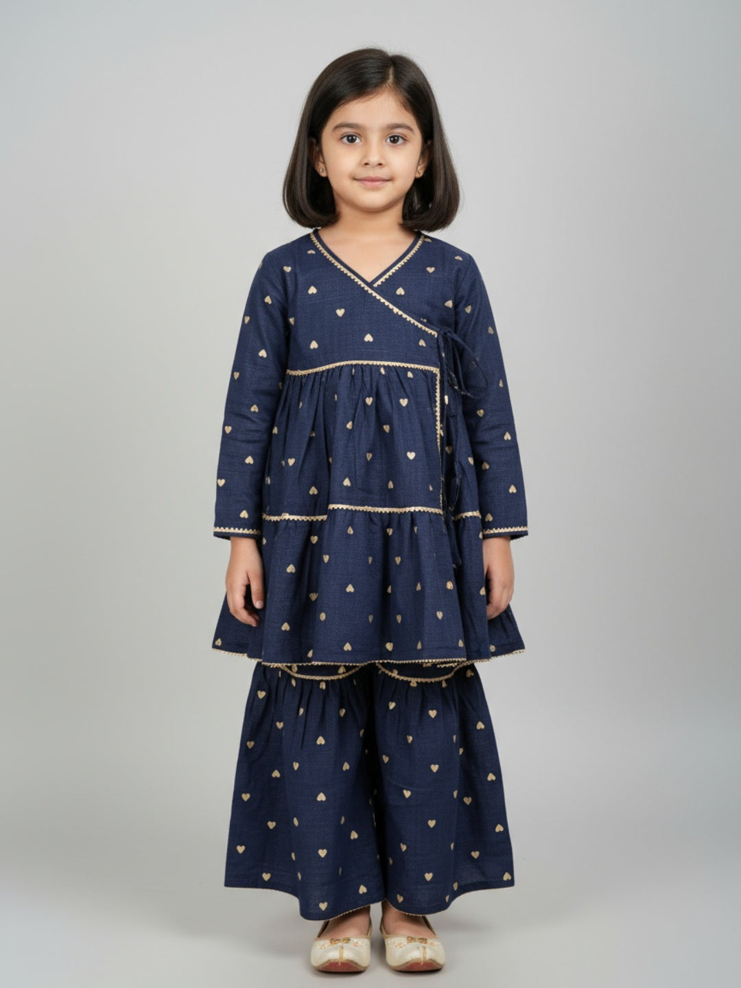 Girls Heart Printed Angrakha Kurta and Sharara Set