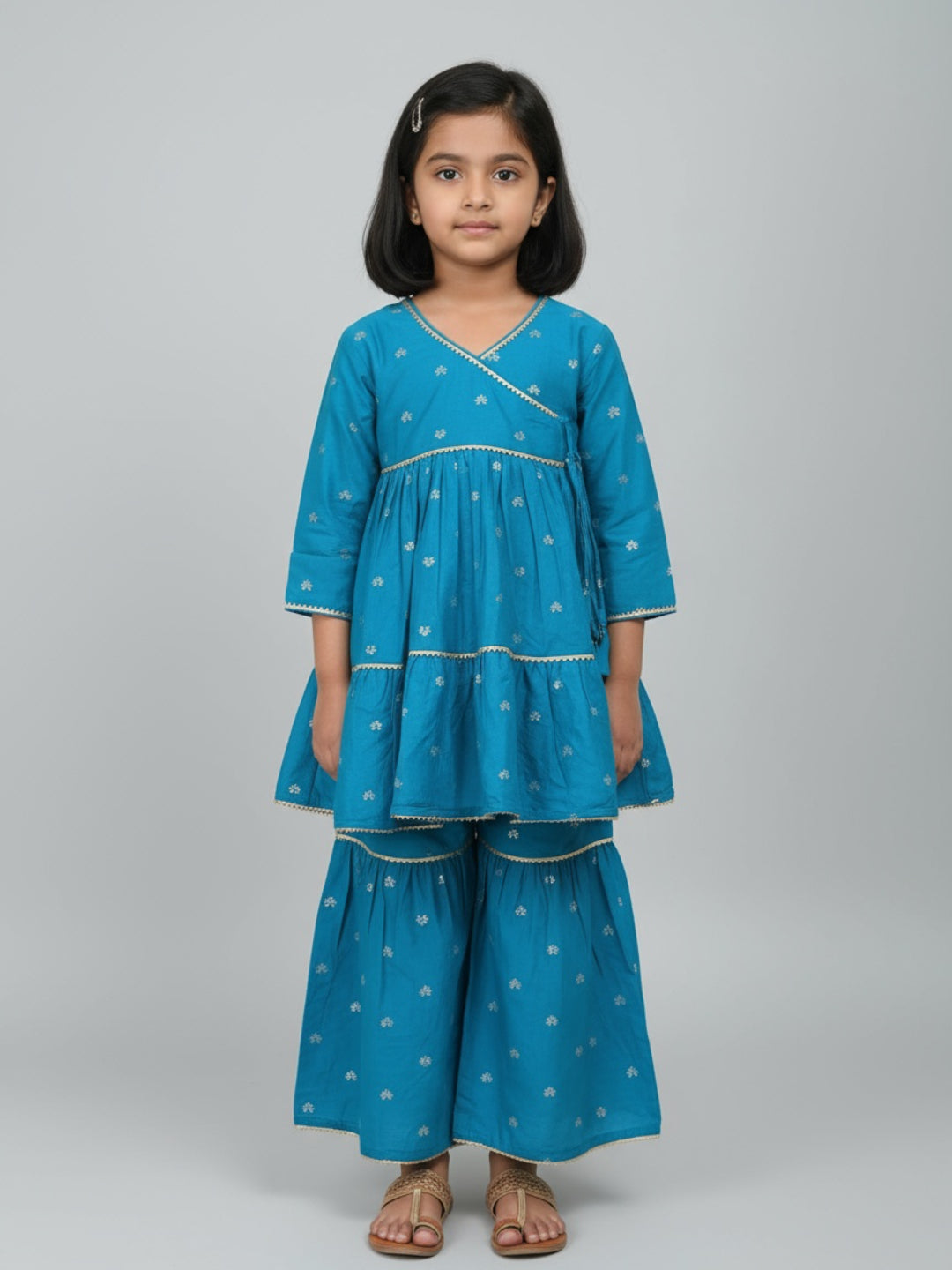 Girls Heart Printed Angrakha Kurta and Sharara Set