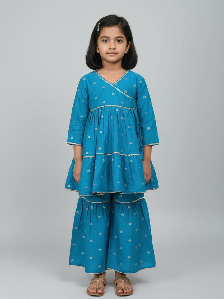 Girls Heart Printed Angrakha Kurta and Sharara Set