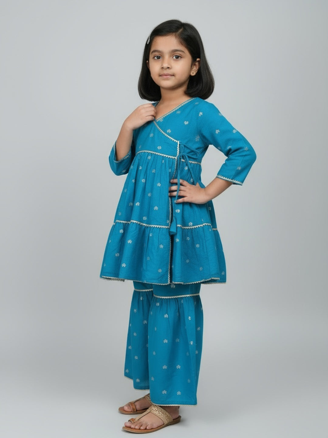 Girls Heart Printed Angrakha Kurta and Sharara Set