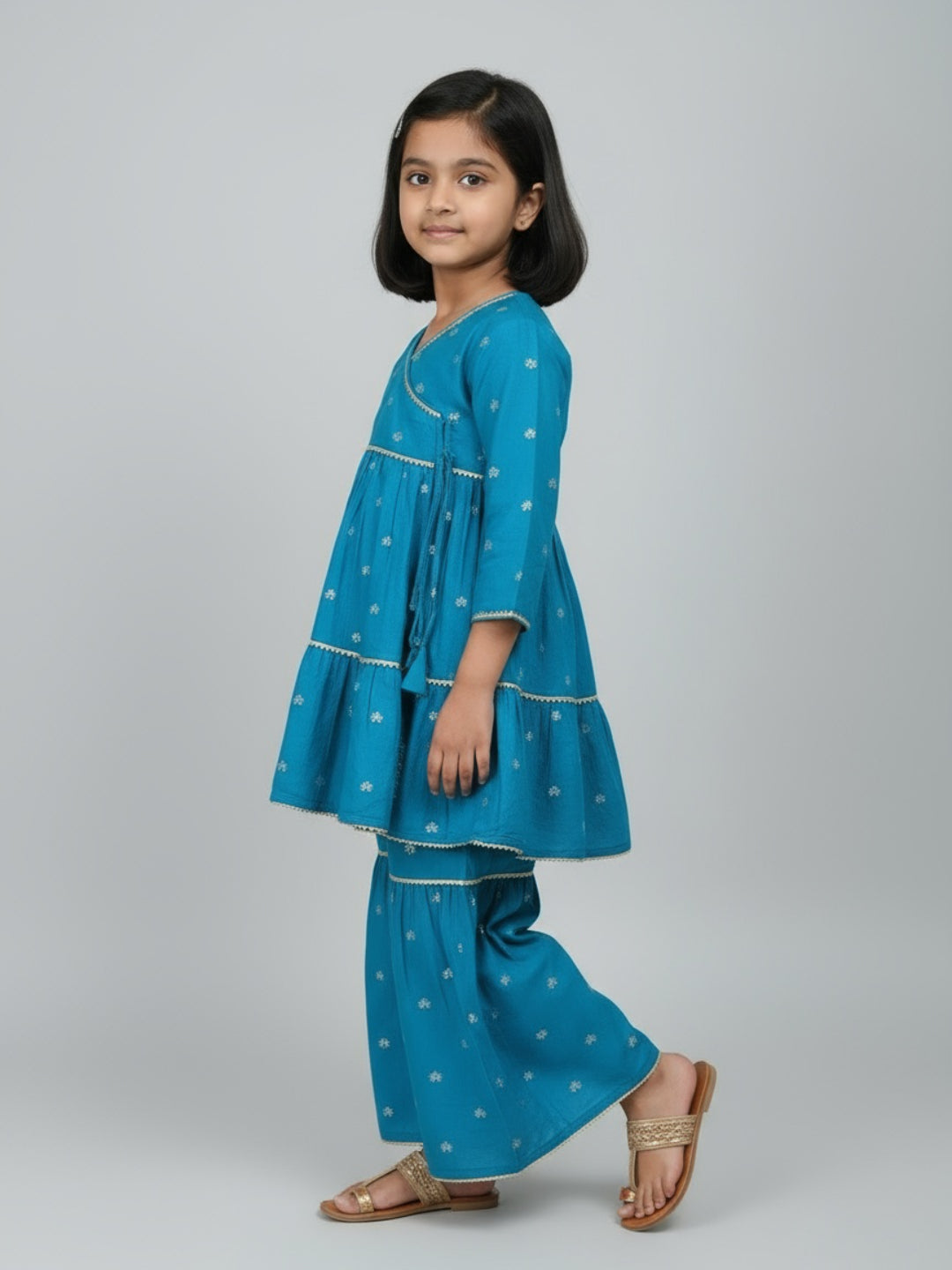 Girls Heart Printed Angrakha Kurta and Sharara Set