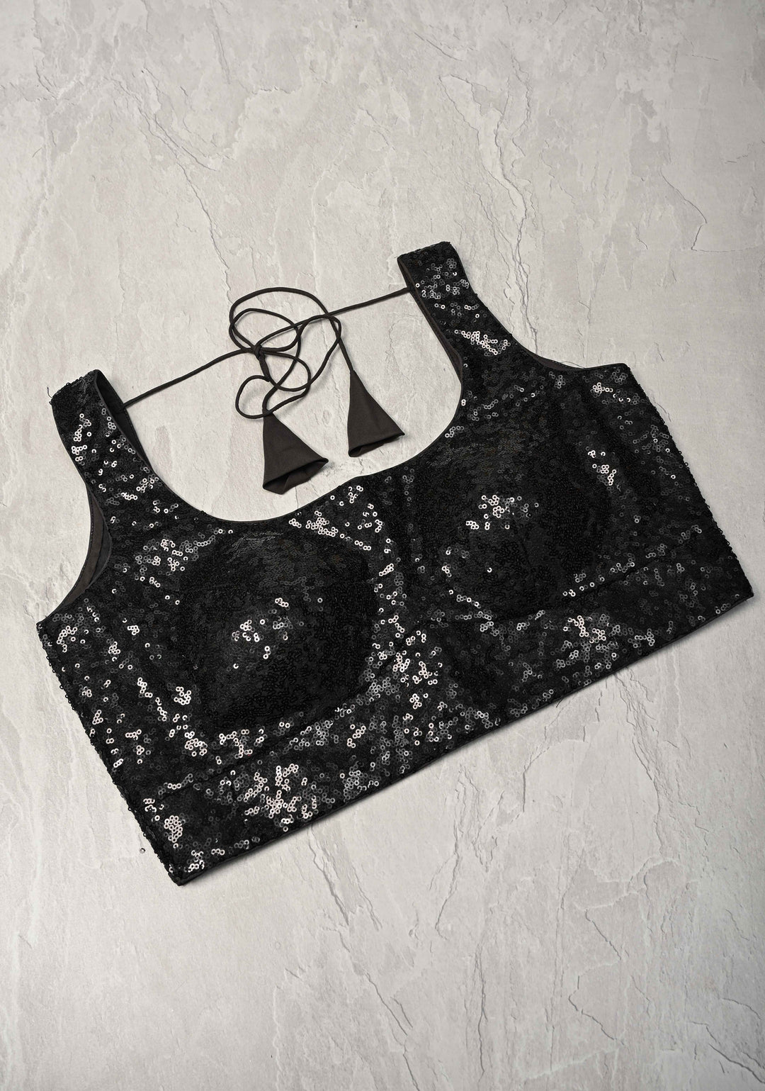 Black Sequins Sleeveless  Blouse with Dori Tie | SHOBITAM