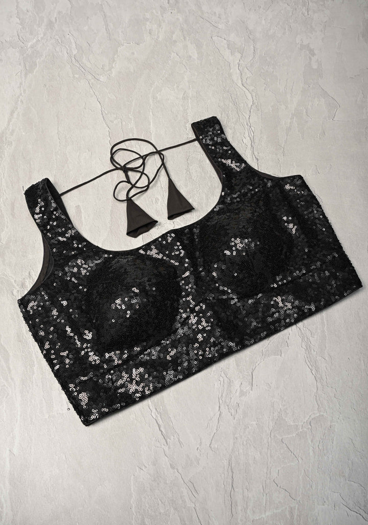 Black Sequins Sleeveless  Blouse with Dori Tie | SHOBITAM