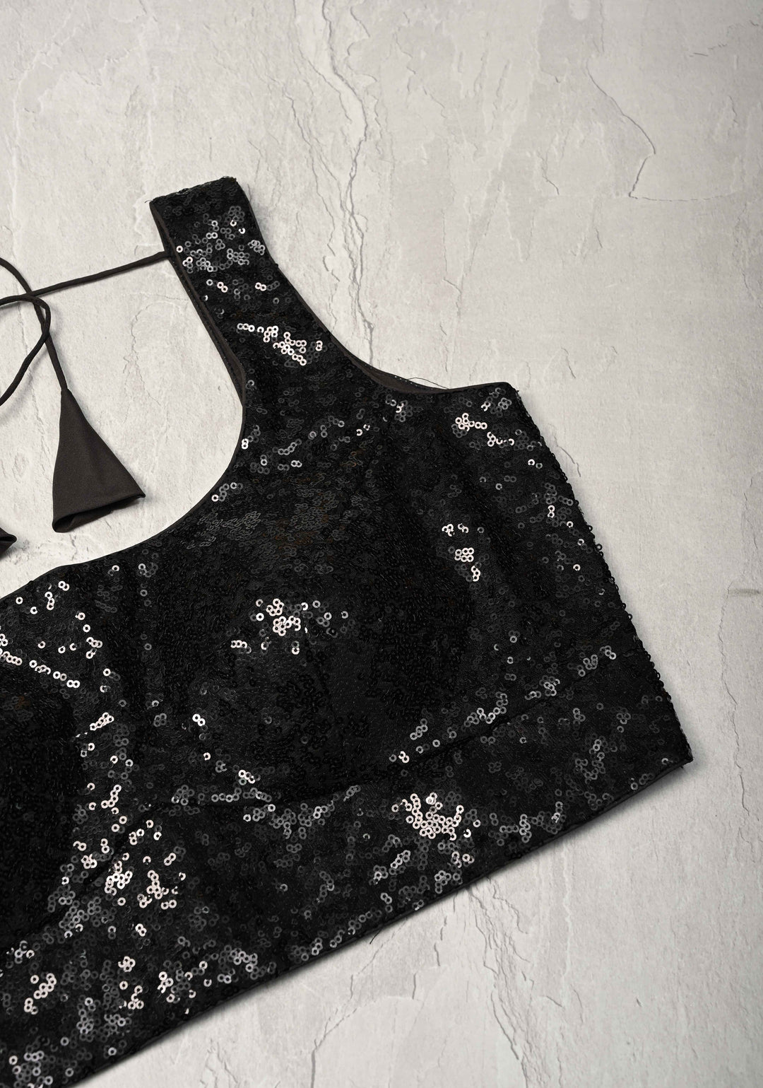 Black Sequins Sleeveless  Blouse with Dori Tie | SHOBITAM