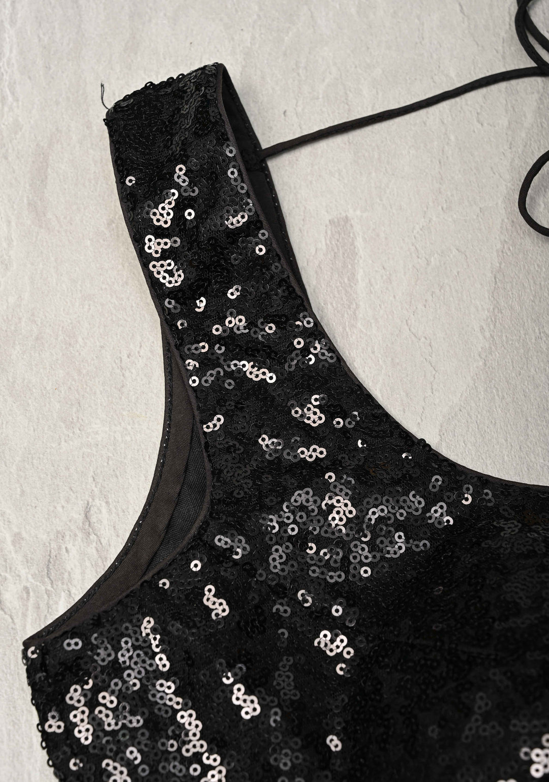 Black Sequins Sleeveless  Blouse with Dori Tie | SHOBITAM