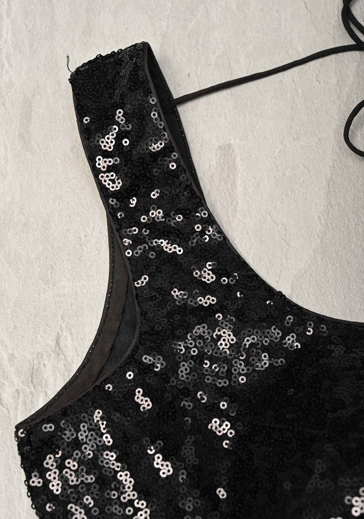 Black Sequins Sleeveless  Blouse with Dori Tie | SHOBITAM